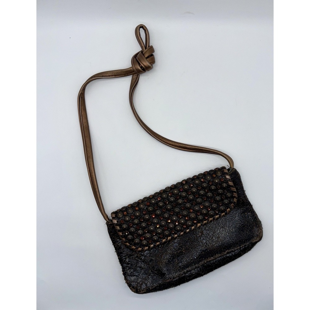 KurtMen Design Vintage Genuine Leather Crossbody Bag Black Beaded Rhinestone